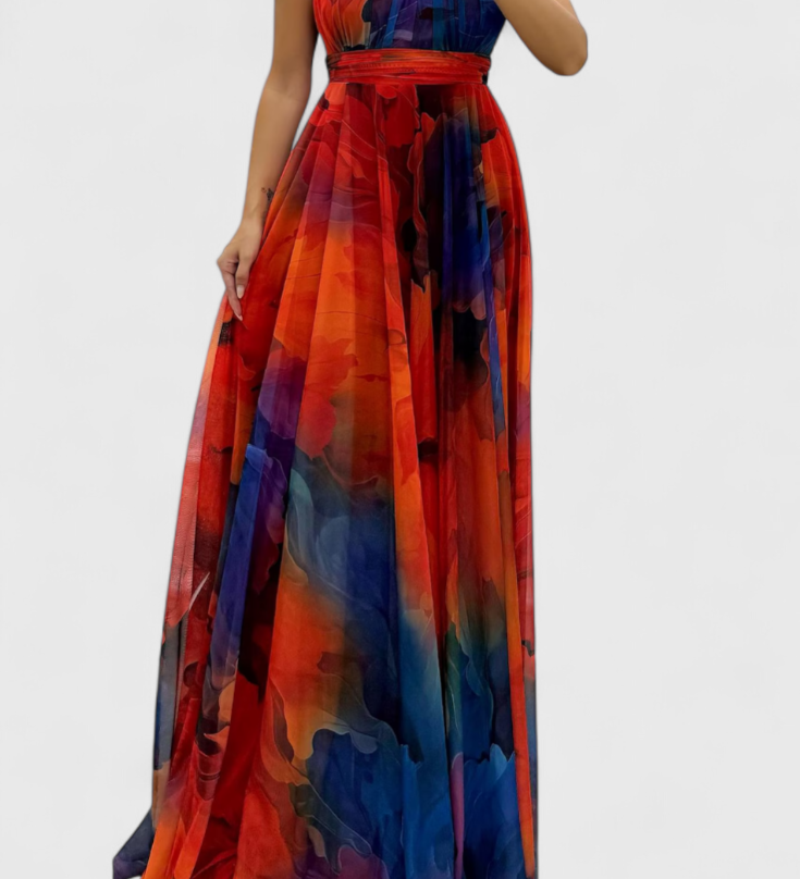 Antonija Maxi Ruha Virágmintás Chiffonban és Halter Nyakkal