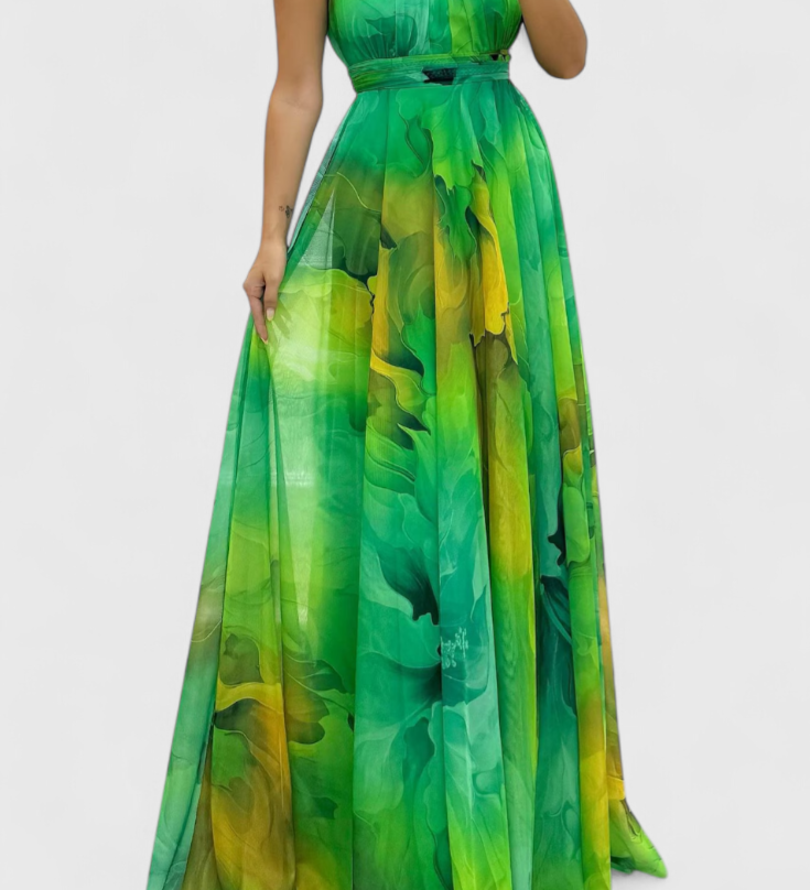 Antonija Maxi Ruha Virágmintás Chiffonban és Halter Nyakkal